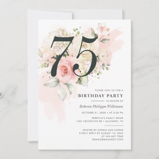 75誕生日フローラ水彩ピンク緑 招待状 (正面)