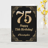 75誕生日ブラックおよび金ゴールドグリッターフレーム カード (黄色い花)