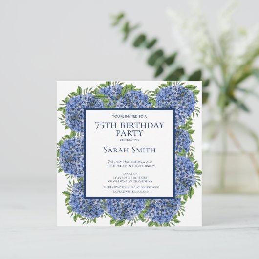 75誕生日ブルーアジサイ水色パーティーInv 招待状 (スタンド正面)