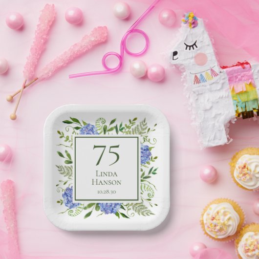 75誕生日ブルーアジサイ ペーパープレート (パーティー)