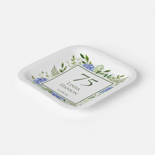 75誕生日ブルーアジサイ ペーパープレート (傾斜あり)