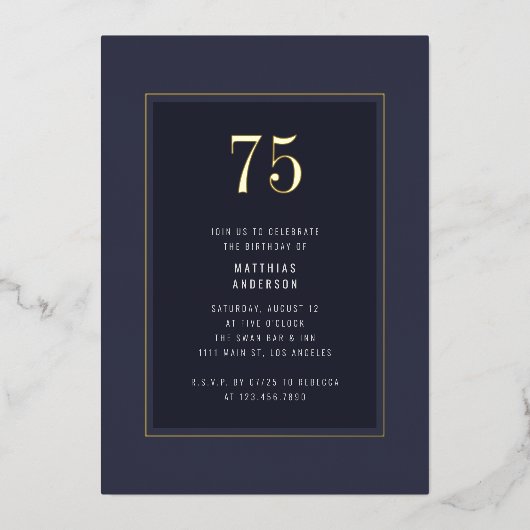 75誕生日ミニマルダークエレガント金ゴールド枠 箔招待状 (正面)