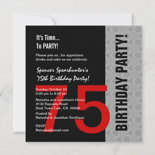 75誕生日モダンレッドシルバーブラックC846 招待状 (正面)