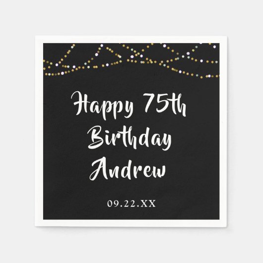 75誕生日モダンString Lights Black スタンダードカクテルナプキン (正面)