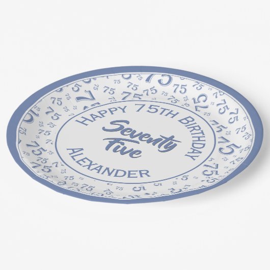 75誕生日乱数パターンブルー/ホワイト ペーパープレート (アングル)