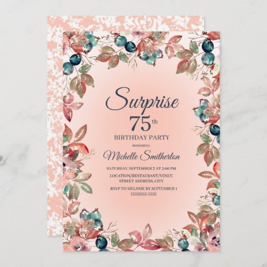 75誕生日女子ピンクティール(緑がかった色)フローラ葉 招待状 (正面/裏面)