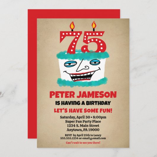 75誕生日招待状おもしろいケーキメカジュアルンス 招待状 (正面/裏面)