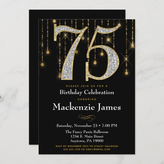 75誕生日招待状ブラック金ゴールドダイヤモンド大人 招待状 (正面/裏面)