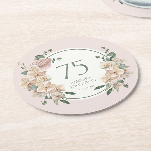 75誕生日熱帯フローラ ラウンドペーパーコースター (アングル)