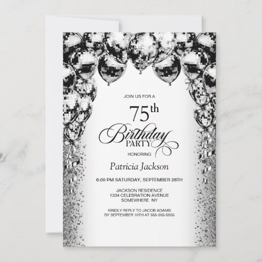 75誕生日白黒バルーンパーティー 招待状 (正面)