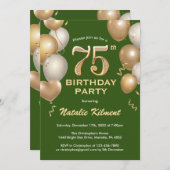 75誕生日緑と金ゴールドグリッターバルーン 招待状 (正面/裏面)