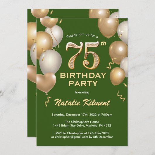 75誕生日緑と金ゴールドグリッターバルーン 招待状 (正面/裏面)