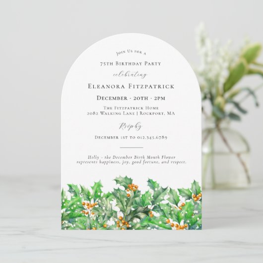 75誕生日12月誕生フラワーホリーアーチ 招待状 (スタンド正面)