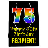 75誕生日:おもしろいはっきりした、カラフルレインボー「75」 ミディアムペーパーバッグ (正面)