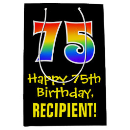 75誕生日:おもしろいはっきりした、カラフルレインボー「75」 ミディアムペーパーバッグ