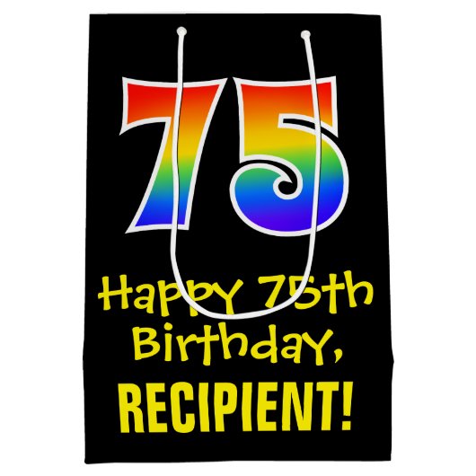 75誕生日:おもしろいはっきりした、カラフルレインボー「75」 ミディアムペーパーバッグ (裏面)