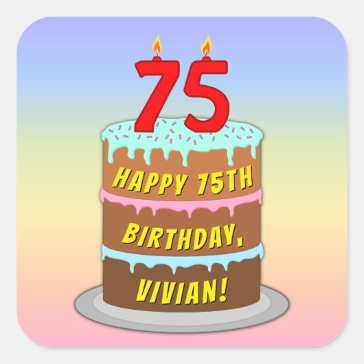 75誕生日:おもしろいケーキとキャンドル+名前をカスタムする スクエアシール (正面)