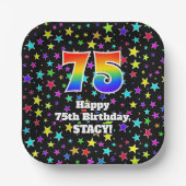 75誕生日:おもしろいスター柄と虹"75" ペーパープレート (正面)