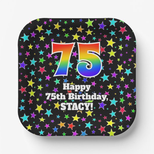 75誕生日:おもしろいスター柄と虹"75" ペーパープレート (正面)