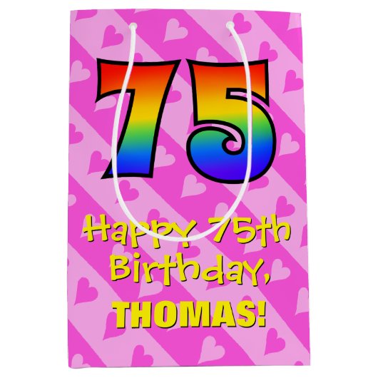 75誕生日:おもしろいピンクハートストライプ、虹75 ミディアムペーパーバッグ (正面)