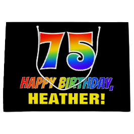 75誕生日:はっきりした,おもしろい,シンプル虹， 75 ラージペーパーバッグ