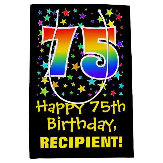 75誕生日:カラフルスターズパターン&レインボー75 ミディアムペーパーバッグ (正面)