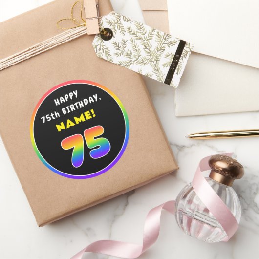 75誕生日:カラフルレインボー# 75,名前をカスタムする ラウンドシール (ギフト)