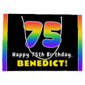 75誕生日:カラフルレインボー# 75,名前をカスタムする ラージペーパーバッグ (裏面)