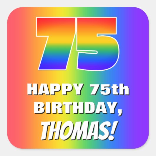 75誕生日: カラフル、おもしろいレインボーパターン# 75 スクエアシール (正面)