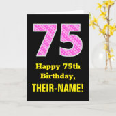 75誕生日:ピンクストライプのハートと「75」 +名前 カード (黄色い花)