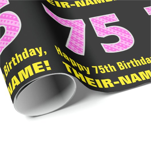 75誕生日:ピンクストライプのハートと「75」 +名前 ラッピングペーパー (ロールコーナー)