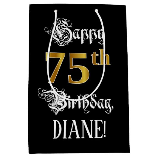 75誕生日~ファンシースクリプト;フェイク金ゴールド検索;名前 ミディアムペーパーバッグ (正面)