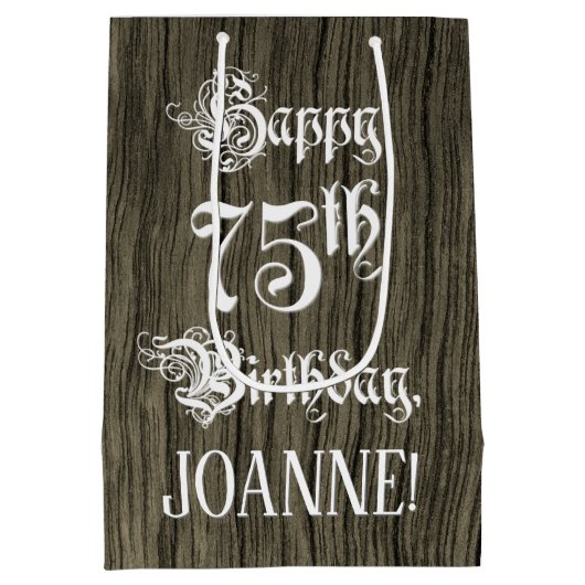 75誕生日: ファンシー, フェイク Wood Look +名前をカスタムする ミディアムペーパーバッグ (裏面)