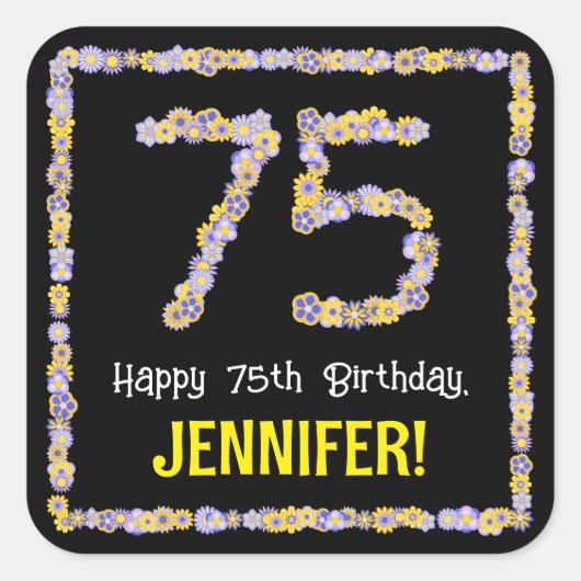 75誕生日:フローラ花数名前をカスタムする スクエアシール (正面)