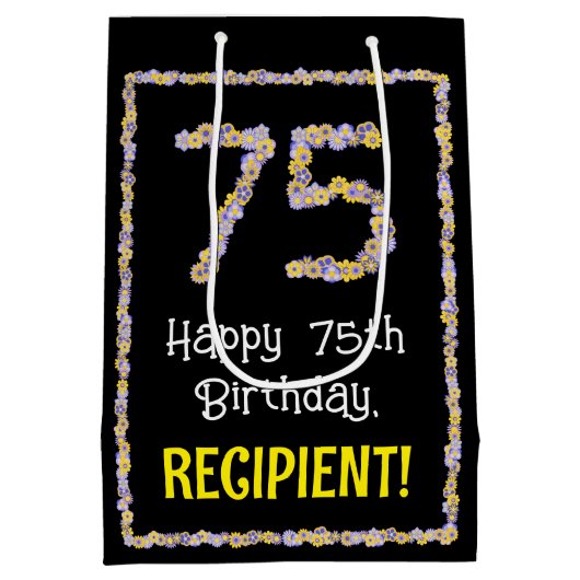 75誕生日:フローラ花数名前をカスタムする ミディアムペーパーバッグ (裏面)