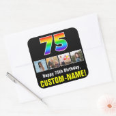 75誕生日：レインボー「75」、写真カスタムと名前 スクエアシール (封筒)