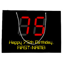 75誕生日：レッドデジタルクロックスタイル"75" +名前 ラージペーパーバッグ