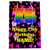 75誕生日：愛するハートパターン、虹# 75 ミディアムペーパーバッグ (正面)