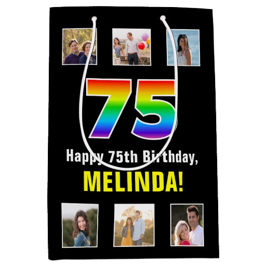75誕生日: Rainbow "75"，写真カスタムと名前 ミディアムペーパーバッグ (正面)
