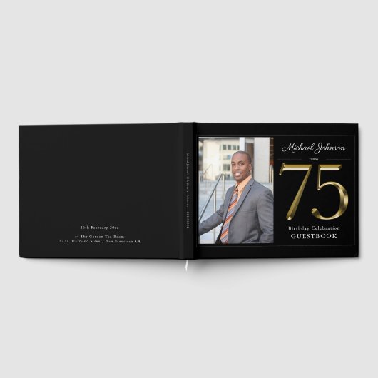75thクラッシー無地のブラック金ゴールドフォカスタムト誕生日 ゲストブック (全面)