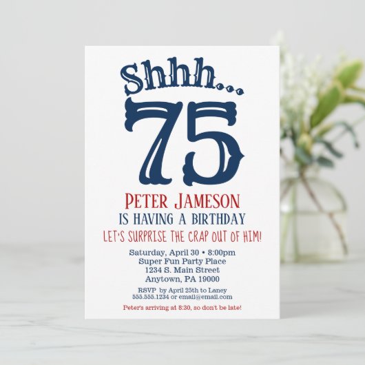 75thサプライズ誕生日招待状メンズネイビーブルー 招待状 (スタンド正面)