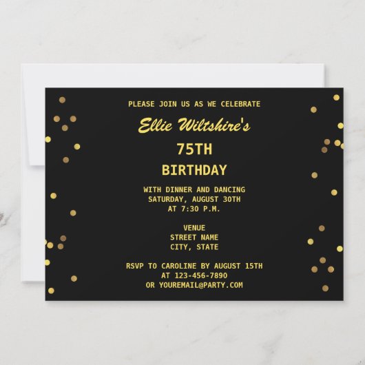 75thバースデーパーティーゴールドフェイクフォイル紙吹雪ブラック 招待状 (裏面)
