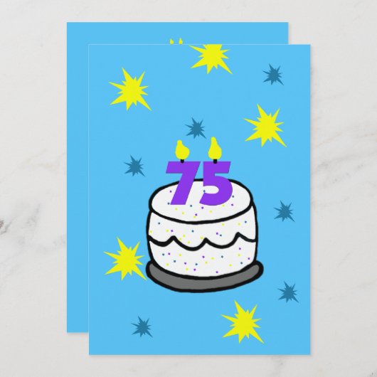 75thバースデーパーティー招待ケーキと75キャンドル 招待状 (正面/裏面)