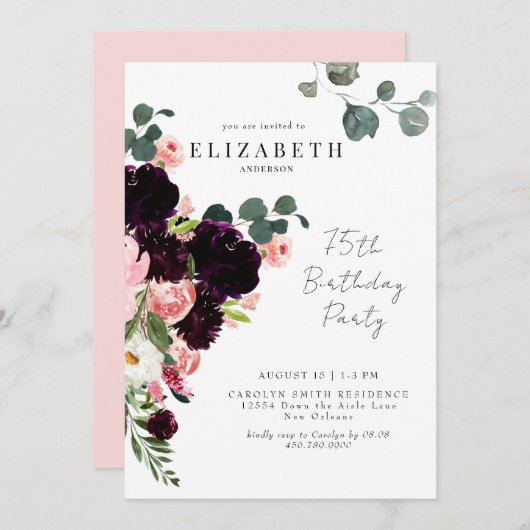 75thバースデーパーティー赤面&ブルゴーニュフローラ 招待状 (正面/裏面)