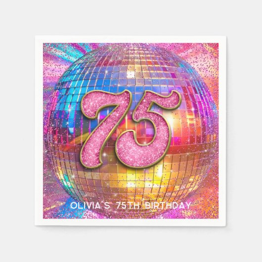 75thバースデーパーティー金ゴールドピンクグリッターディスコボール スタンダードカクテルナプキン (正面)