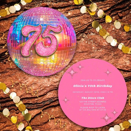 75thバースデーパーティー金ゴールドピンクグリッターディスコボール 招待状