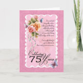 75th誕生日グリーティングカード – バラと蝶 カード (正面)