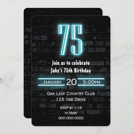 75th誕生日パーティネオンサインオンブリック 招待状 (正面/裏面)