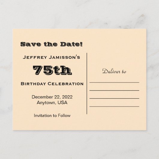 75th誕生日パーティーの招待を保存する 案内ポストカード (裏面)