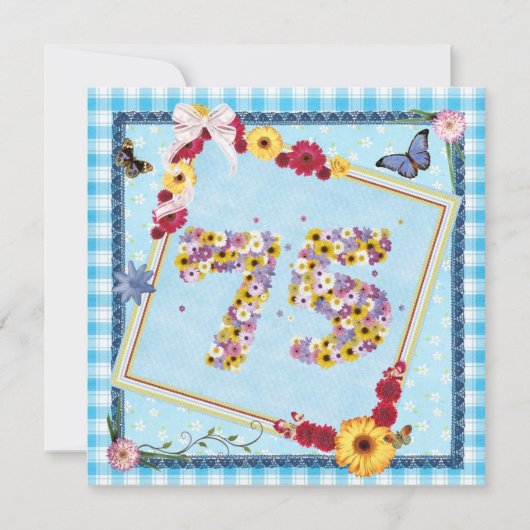75th誕生日パーティー招待の花、蝶 招待状 (正面)